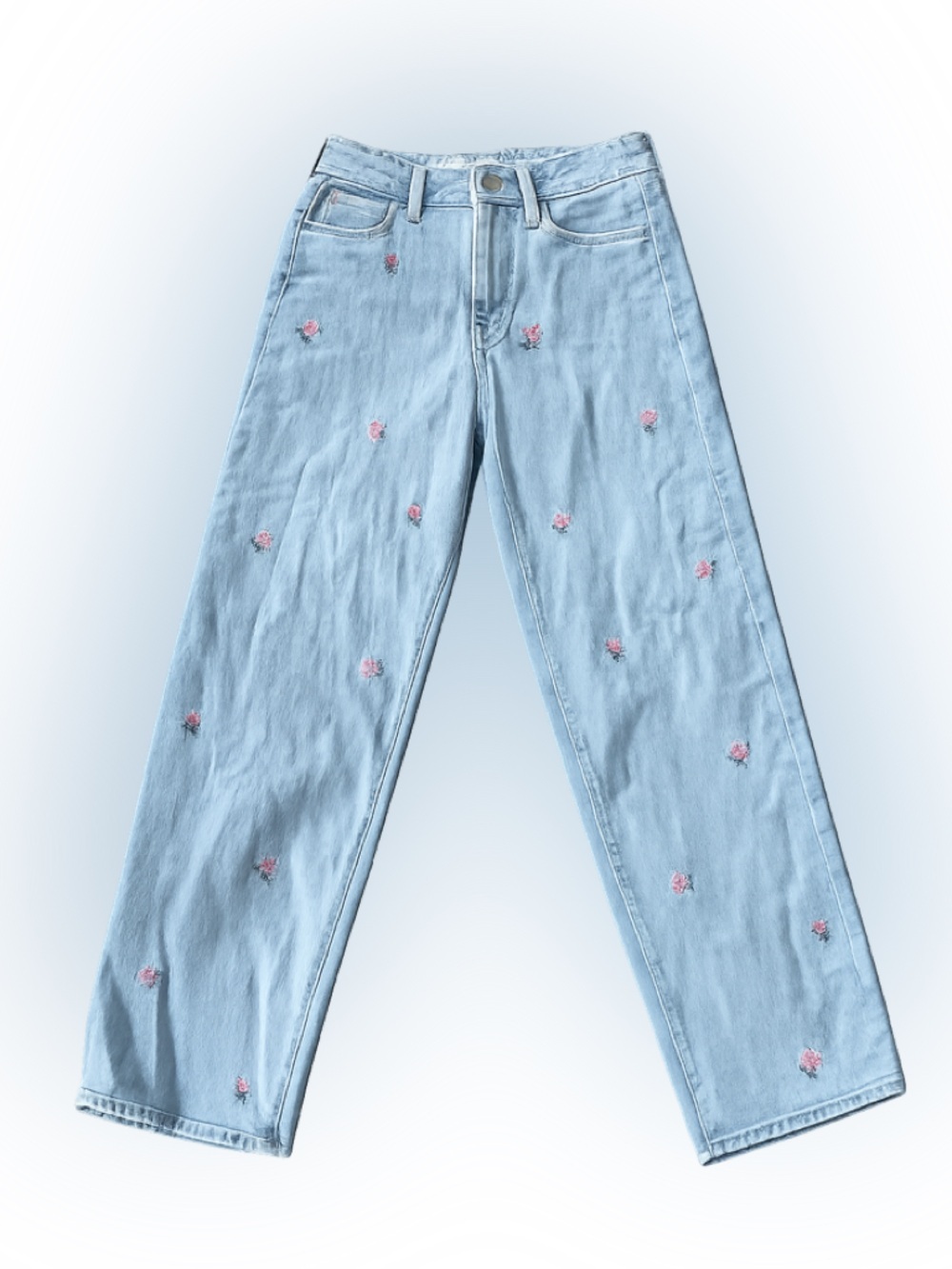 Old Navy High Rise OG Loose Embroidered Jeans Sz 0 Light Wsh Floral Straight Leg